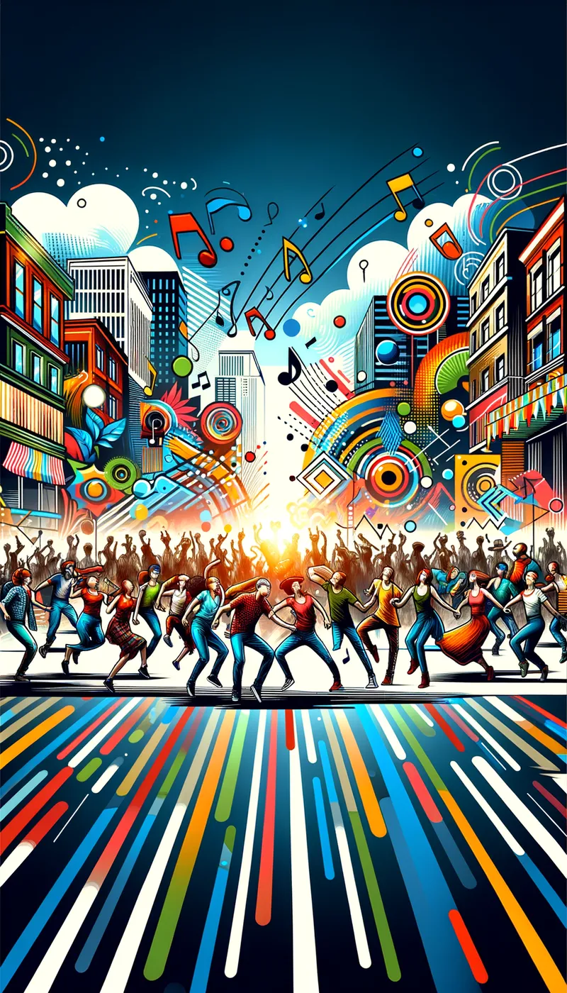 Skibidi Fun - An energetic and bustling street scene inspired by the viral dance trend 'Skibidi.' People of all ages are caught in mid-dance, their movements captured with a sense of joyful chaos. The background features vibrant city street art, colorful banners, and a festive atmosphere. Music notes and animated elements give off a lively, rhythmic vibe. - AI image generated with Art