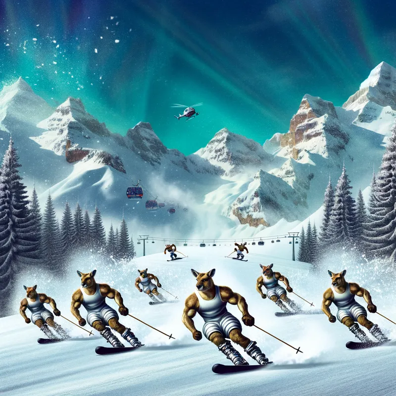 Skiing Kangaroos - Muscular kangaroos in thick diapers expertly navigating a downhill ski slope, with snow flying up as they make sharp turns, and a backdrop of majestic mountains. - AI image generated with Art
