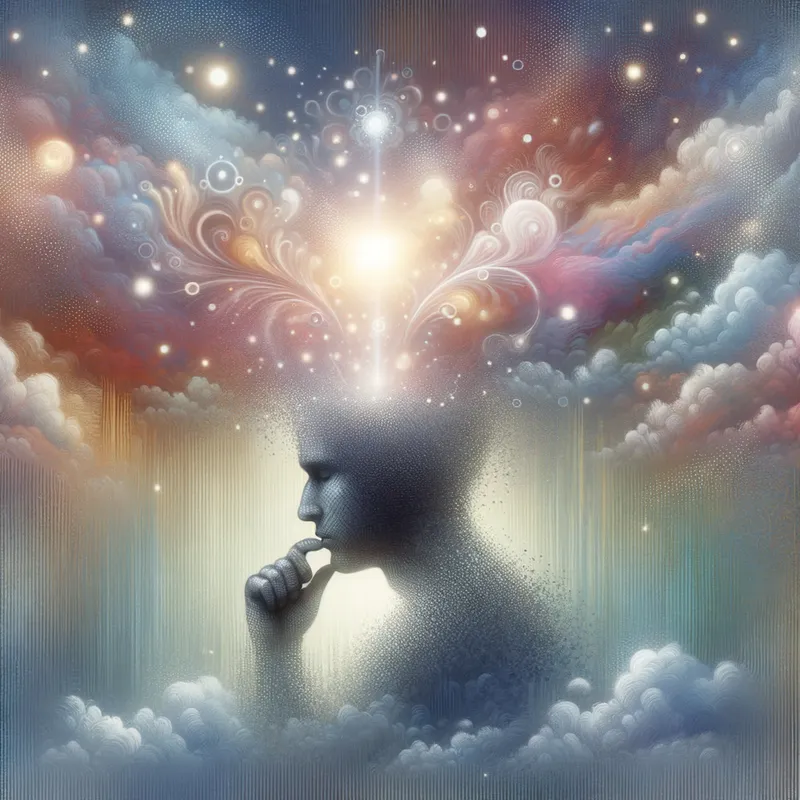 Skill Visualization - Depicts a person in deep concentration, visualizing the process of mastering a skill. The background is a blend of soft colors and abstract shapes, creating a spiritual and serene atmosphere. The thought visualization radiates an otherworldly light, symbolizing inner growth and understanding. - AI image generated with Art - Kaoru Yamada, stippling drawing, fantasy art