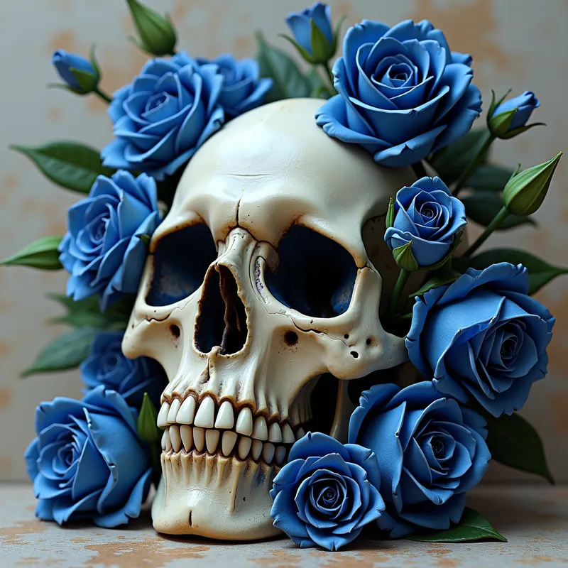 Skull with Floral Elegance - An artistic rendering of a skull partially covered with delicate deep blue roses and lilies, highlighting the contrast between life and death. - AI image generated with Photorealistic 2
