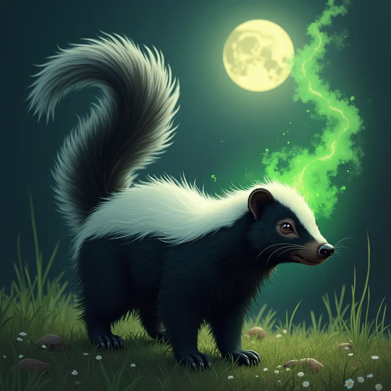 Skunk Stink Cloud - A detailed close-up of a skunk raising its tail, with a green, swirling stink cloud emanating from it, and a backdrop of a moonlit night. - AI image generated with Photorealistic 2