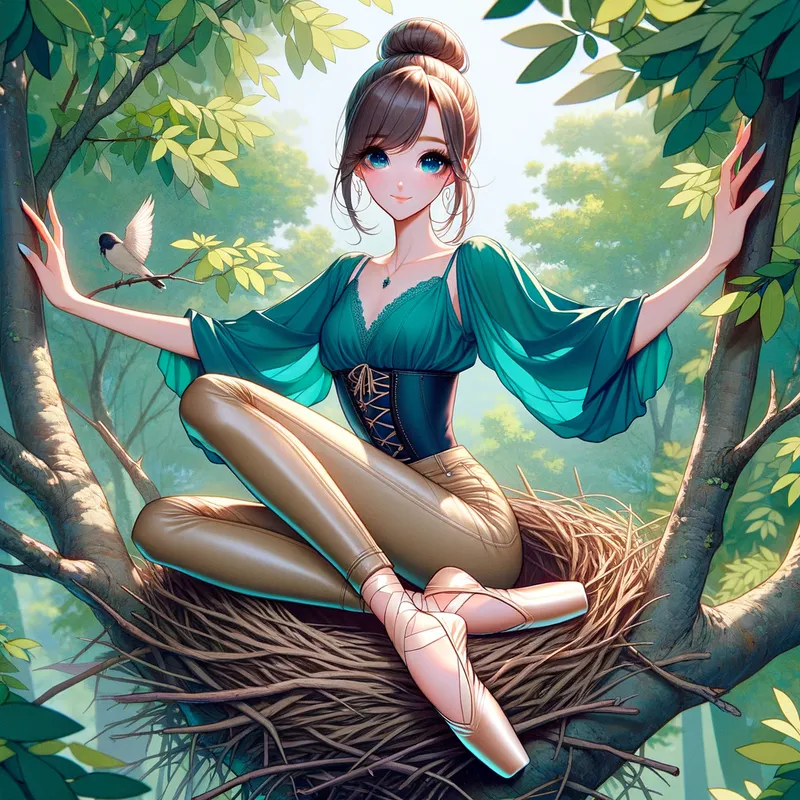Sky-High Ballerina - Enchanting anime-inspired artwork featuring a beautiful ballerina with sleek silk hair, wearing a turquoise blouse, beige leather jeans, and elegant black ballet pointe shoes. She is sitting cross-legged in a bird's nest set high up in a tree, surrounded by lush foliage. Digital art with a dreamy, serene quality. - AI image generated with Art
