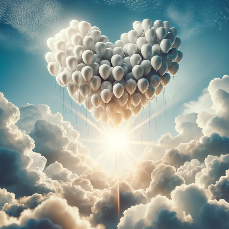 Sky High Love - A heart-shaped formation of white balloons soaring high in the sky, surrounded by fluffy clouds and a radiant sun. - AI image generated with Art