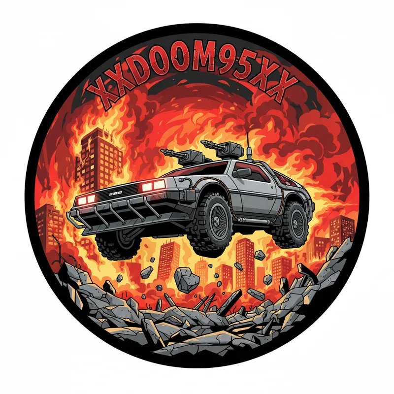 Skyblaze Outlaw - Produce a dynamic circular vector sticker featuring a heavily armored, gun-wielding DeLorean with glowing red headlights, soaring over shattered concrete and urban wreckage. The background is an inferno with burning buildings and wild chaos, with 'XXDOOM95XX' written in a distressed font at the sticker's top curve. - AI image generated with Nano Banana