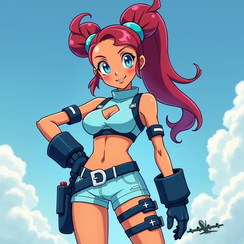 Skyla's Soaring Style - Skyla from Pokémon; dynamic anime-inspired aesthetic; tan skin, vibrant blue eyes, long dark-red hair in a propeller-inspired bun with cyan hairpiece; wearing light-blue crop top with exposed midriff, matching short-shorts, bulky dark-blue gloves and boots, navy straps with white buckles and a thigh holster; incorporate subtle aviation motifs (e.g. windswept clouds, faint airplane silhouette in the background); soft cel-shading, airy lighting, high detail in hair and eyes; mood: confident and cheerful; color palette: sky blues, cyan accents, warm skin tones, contrast with deep blues; composition balanced, mid-shot portrait with slight upward angle. - AI image generated with Photorealistic 2 - cartoony