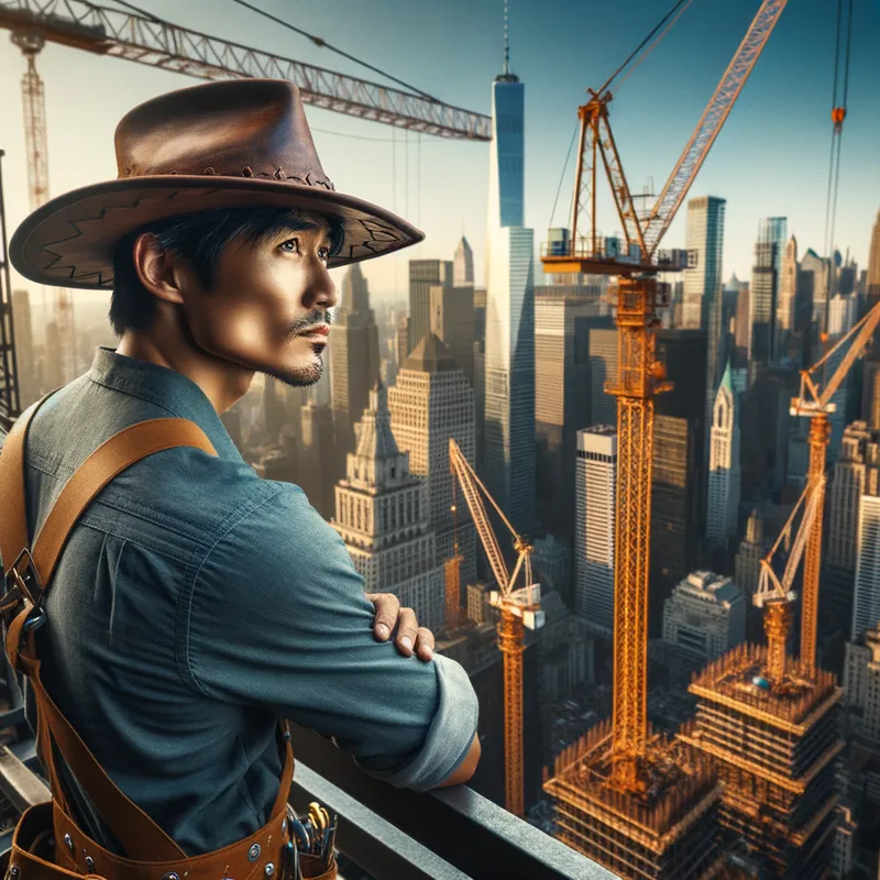 Skyline Maverick - A maverick ironworker in a cowboy hat, surveying the city from high above. He stands among cranes and steel frames, embodying the spirit of the wild west in an urban landscape. - AI image generated with Art