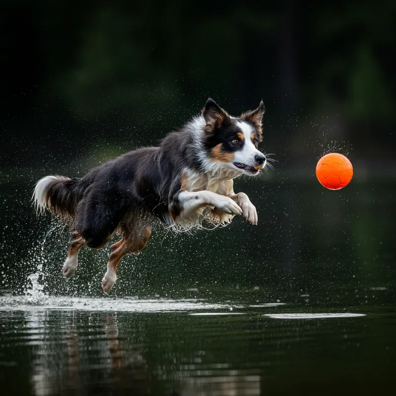 Skyward Bound - A picture of a border collie launching itself into the air above a serene lake, eyes locked onto an orange ball, with water droplets frozen in mid-air. - AI image generated with Imagen 3