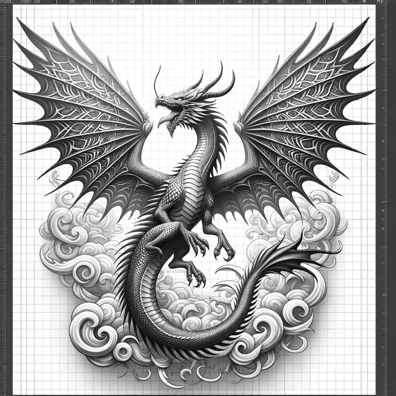 Skyward Dragon Soar - A stunning 2D depiction of a dragon with intricate wing patterns, viewed from above. The wind catches its wings as it soars high, crafted in a realistic style ideal for tattoo artistry. - AI image generated with Art