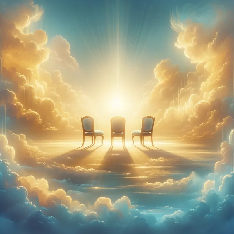 Skyward Serenity - Generate an awe-inspiring image depicting three chairs in a tranquil sky setting. Emphasize the divine essence with bright light from God's and Jesus' chairs. Use pastel shades of gold and blue, with clouds enveloping the scene to reflect peace, joy, and unity in Christ. - AI image generated with Art