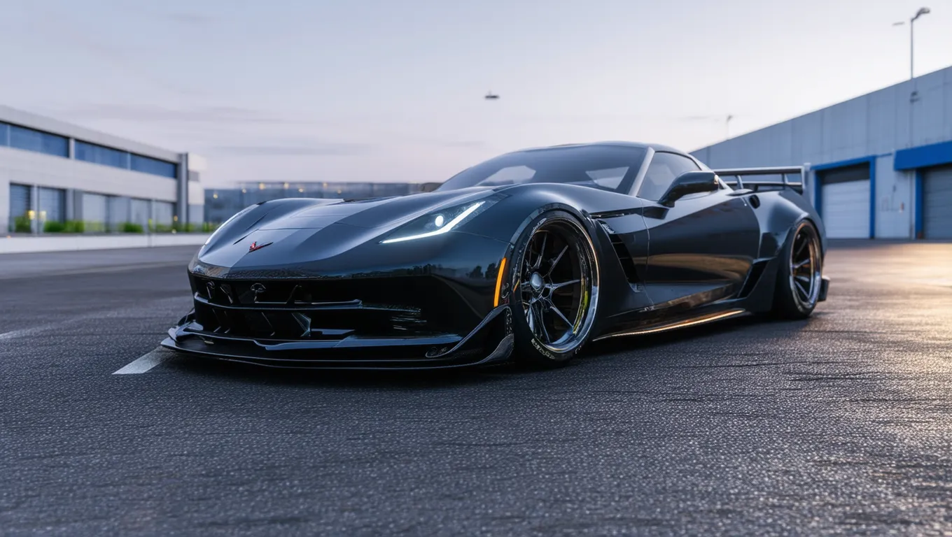 Sleek Sports Car at Golden Hour - An elegant, high-performance sports car parked on smooth asphalt, with sleek aerodynamic lines and a glossy finish reflecting the surroundings. The car has a low stance, with wide tires gripping the ground, showcasing a powerful, aggressive design. The setting is a quiet open road or a minimalist industrial backdrop, highlighting the car’s stunning details, such as the aerodynamic body, sharp headlights, and a vibrant paint color like deep red, metallic blue, or jet black. The sun is either setting or rising in the background, casting a golden glow on the car's contours