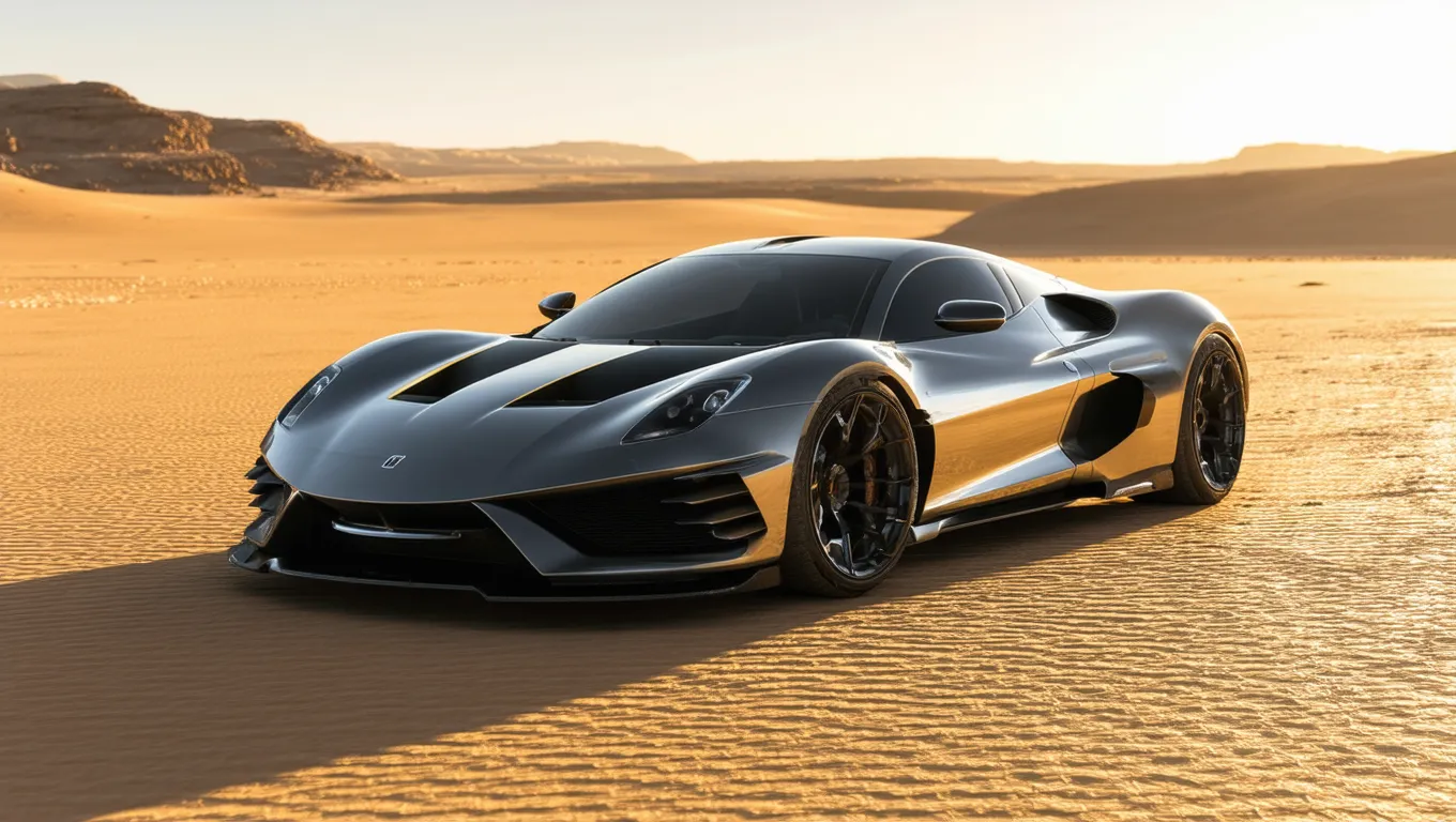 Sleek Sports Car in Sunlit Desert - A sleek, high-performance sports car parked on a vast, sun-drenched desert landscape. The car’s polished metallic body contrasts beautifully with the warm, golden sand and rugged desert terrain. The car’s low profile and wide tires stand firmly on the soft, rippled sand, with the desert’s endless horizon stretching out behind it. The harsh desert sun casts sharp shadows on the car, highlighting its aerodynamic curves and aggressive design. The sky is clear with a hint of orange or red from the setting or rising sun, enhancing the dramatic, rugged beauty of the scene