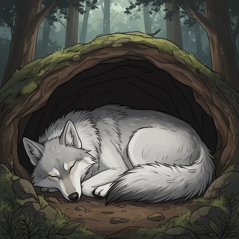 Sleeping Wolf in Forest Den Illustration - A stylized digital illustration with clean line work and painterly shading of a wolf sleeping in its den in the forest - AI image generated with Flux 2