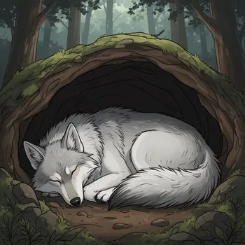 Sleeping Wolf in Forest Den Illustration