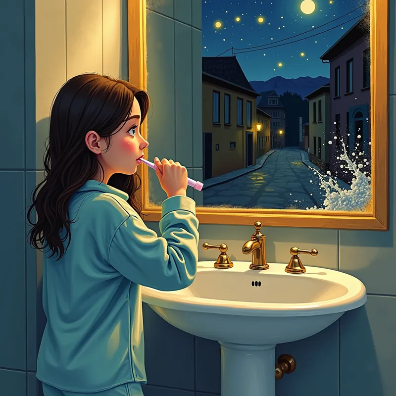 Sleepy Bedtime - A girl named Pam is getting ready for bed, wearing cozy pajamas and brushing her teeth. The bathroom has soft, warm lighting and a serene atmosphere. - AI image generated with Text - water splashes, deserted street at night, abstract