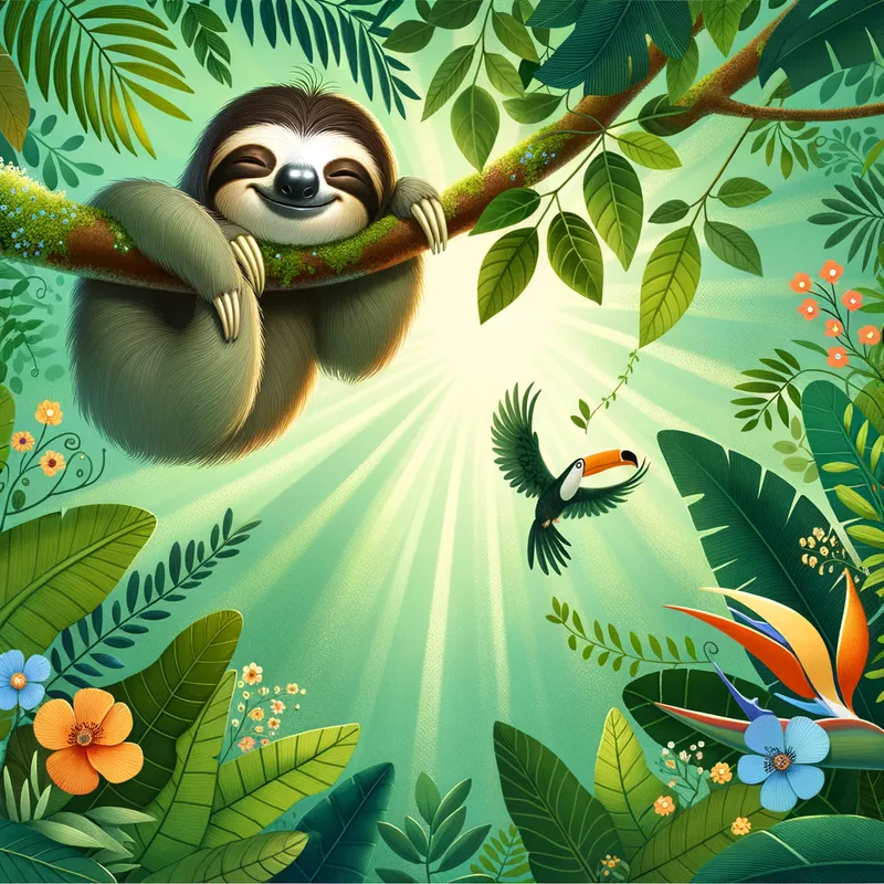 Slothful Serenity - An array of emerald leaves and exotic flowers frame the peaceful face of Sammy the sloth, hanging with serene grace from a tree limb. The playful dart of Lulu the toucan through a beam of sunlight adds a joyful energy to the serene rainforest setting suitable for a bedtime story. - AI image generated with Art