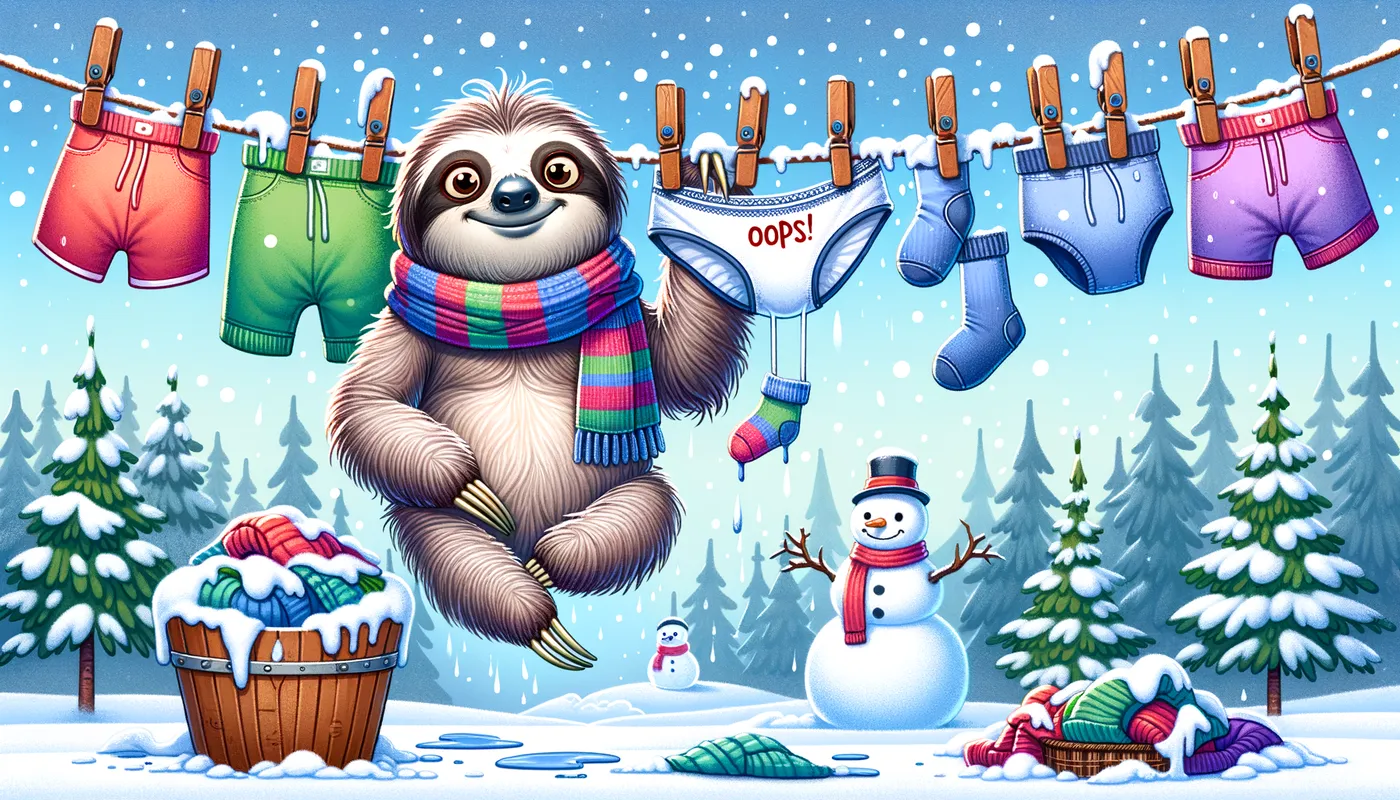 Sloth's Winter Laundry Mishap - “Create a playful illustration featuring a sloth hanging from a clothesline in a snowy winter setting. The sloth is wearing a colorful scarf and mittens, holding up a pair of underwear labeled ‘OOPS!’ with clothespins. In the background, include a cheerful snowman and snow-covered trees. Add the humorous caption: ‘Nobody needs to know… Don’t air your dirty laundry on Facebook.’” - AI image generated with Art - vivid colors, water splashes, cartoony