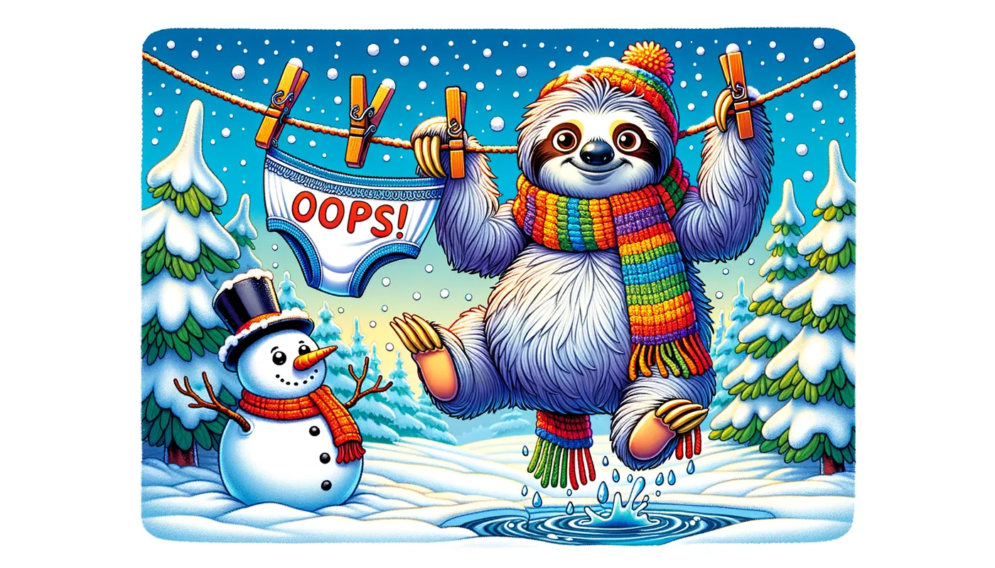 Sloth's Winter Laundry Mishap - “Create a playful illustration featuring a sloth hanging from a clothesline in a snowy winter setting. The sloth is wearing a colorful scarf and mittens, holding up a pair of underwear labeled ‘OOPS!’ with clothespins. In the background, include a cheerful snowman and snow-covered trees. Add the humorous caption: ‘Nobody needs to know… Don’t air your dirty laundry on Facebook.’” - AI image generated with Art - vivid colors, water splashes, cartoony