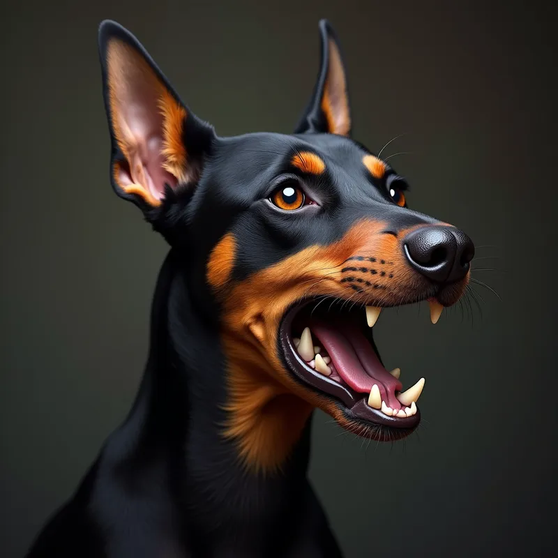 Small Doberman with Big Attitude - A snarling miniature Doberman faces the audience, mouth open in a threatening growl. Despite its small stature, the dog exudes confidence and meanness, its sharp teeth and intense gaze making it clear it's not to be underestimated. - AI image generated with Photorealistic 2 - fantasy art, photorealistic, picture of the day