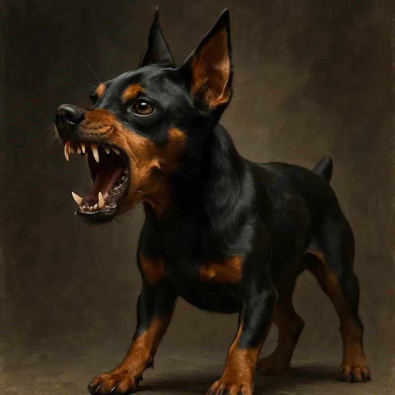 Small Doberman with Big Attitude - A snarling miniature Doberman faces the audience, mouth open in a threatening growl. Despite its small stature, the dog exudes confidence and meanness, its sharp teeth and intense gaze making it clear it's not to be underestimated. - AI image generated with GPT Image - fantasy art, photorealistic, picture of the day