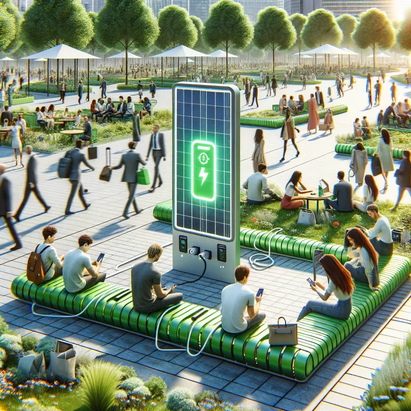 Smart Bench Oasis - A futuristic park with a smart green bench that includes a solar-powered charging station. The area is bustling with people, some sitting on the bench connected to the grid-free charging, surrounded by innovative urban design. - AI image generated with Art