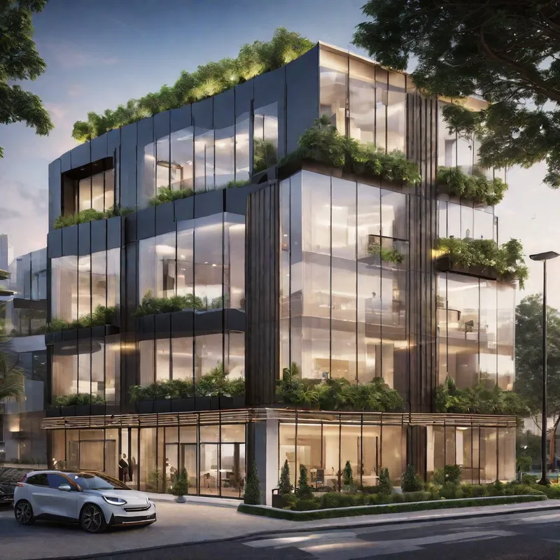 Smart Building: Coworking & Tech Hub - smart building 5 stories, basement with smart parking, ground floor smart lobby, second floor with coworking space with smoke detector, third floor, meeting room with surveillance camera, fourth floor with data center and server room, fifth floor helipad with solar panel - AI image generated with Fictional