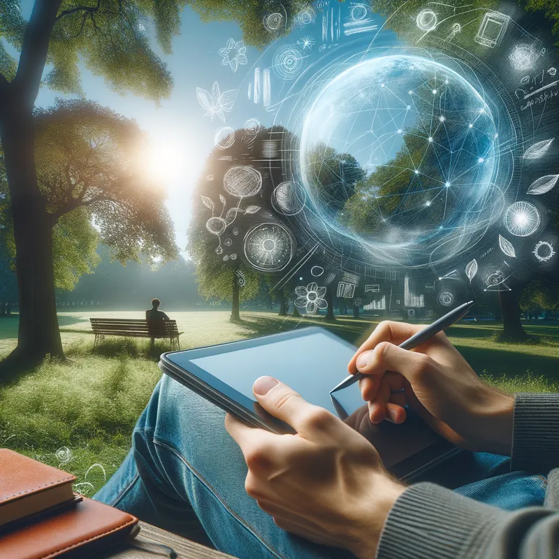 Smart Notebook in Nature - A person writing in a smart notebook while sitting in a peaceful park, with digital notes blending seamlessly with the natural surroundings of trees and a clear blue sky. - AI image generated with Art