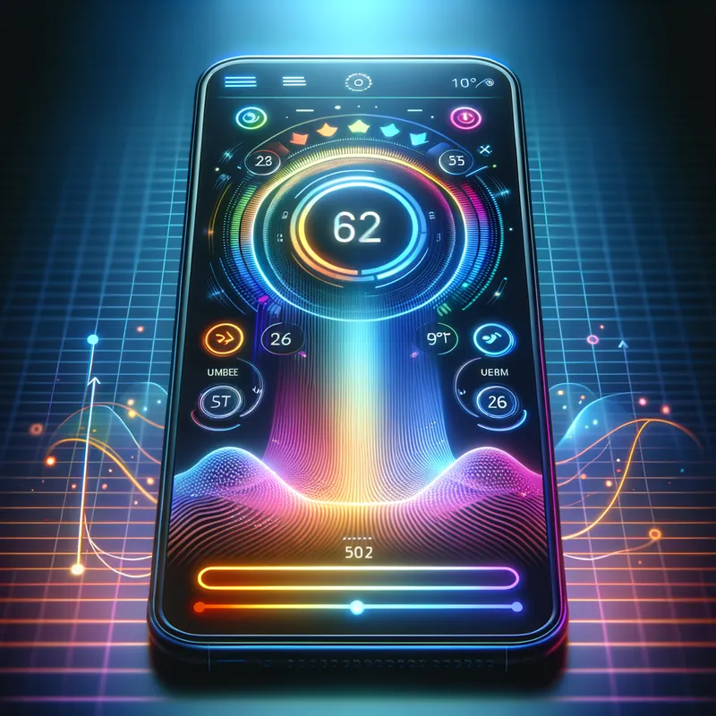 Smartphone Temperature Adjustment - A futuristic mobile phone interface which prominently features a temperature adjustment application. The display clearly shows settings to increase and decrease temperature with graphical elements such as gradient color changes and interactive buttons. - AI image generated with Art