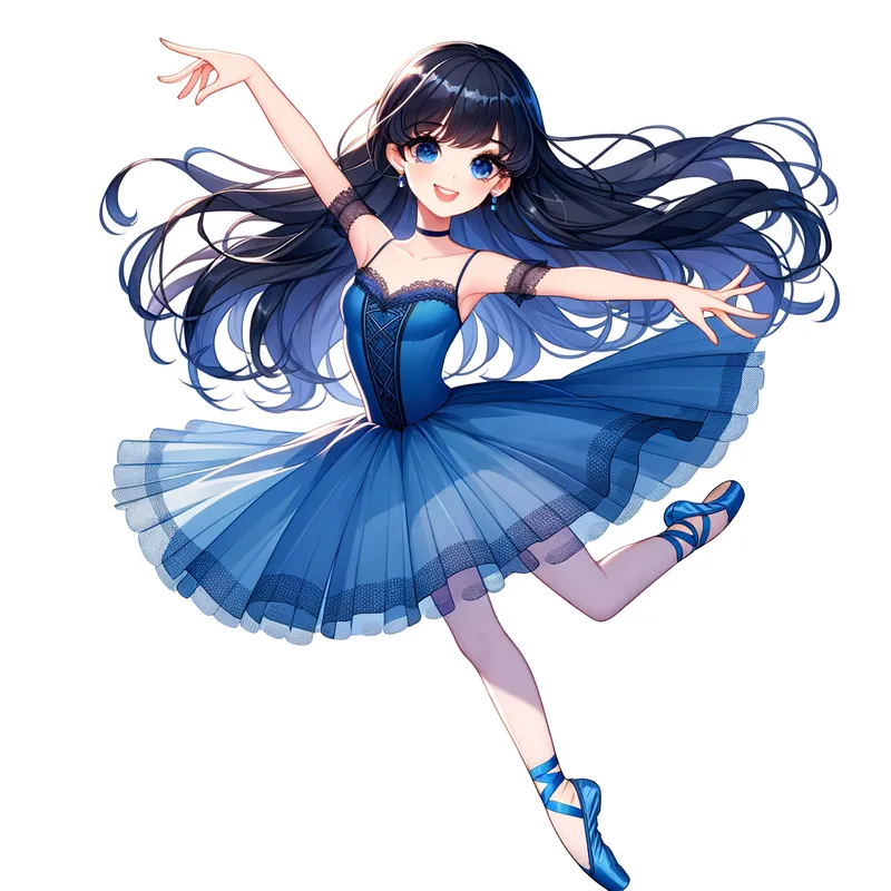 Smiling Ballerina - An anime illustration of a ballerina with beautiful, silky black hair in a blue spandex overall unitard and blue ballet pointe shoes. She is performing a handstand with her legs spread out and feet pointed, while smiling joyfully. Digital art. - AI image generated with Art