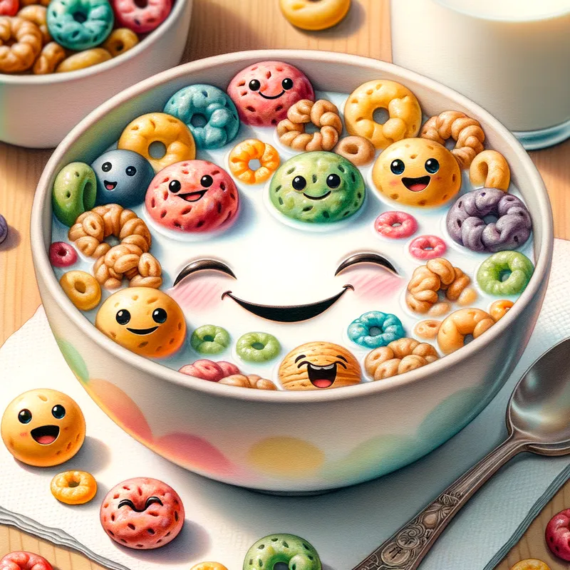 Smiling Cereal Bowl - A kawaii bowl of colorful cereal, each piece with a happy face, floating in milk. The bowl itself has a cheerful smile, and there are cute little spoons and napkins around it. - AI image generated with Art - aquarelle, close-up macro photograph