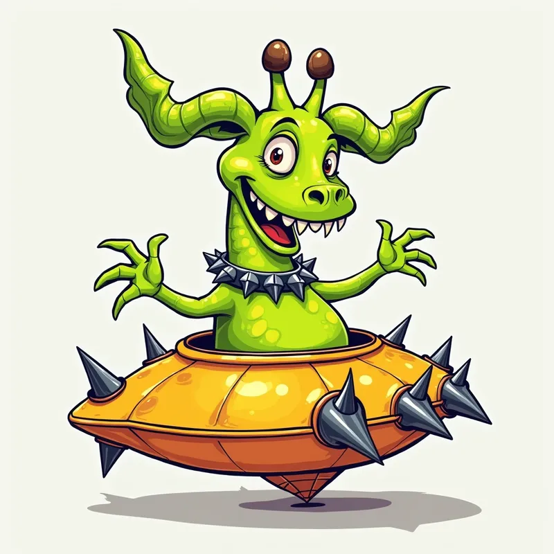 Smiling Cyclops Alien in Spiked Collar - /imagine prompt:Detailed line art illustration A cartoonish, bright green alien creature, with a giraffe neck and devil horns positioned centrally in the image. The creature has a bulbous, teardrop shape body, and one large, expressive eye in the middle of its forehead Three oddly shaped fleshy appendages stick straight out from the top of its headi. It is wearing a gothic collar with enormous metal spikes sticking out of it. The creature has a cheerful, grinning expression, with visible, cartoonish teeth. Its arms, also brightly coloured, are outstretched in a welcoming gesture. The creature is sitting in a brightly coloured spaceship with metal spikes sticking out from the sides. The background is a plain, light gray. The style is vibrant, playful, and exaggerated, with bold outlines and bright colors. The lighting is even, casting no significant shadows. The creature's pose is friendly and inviting. The overall impression is of a friendly, cartoon alien character. - AI image generated with Photorealistic 2