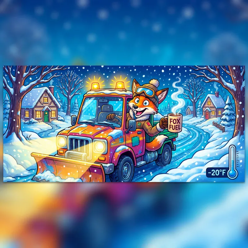 Smiling Fox Battles Missouri Winter - A vibrant illustration of a bubbly, wide-eyed fox piloting a plow truck along a small country lane. The truck's headlights cut through the heavy snowfall of a cold, negative-20 degree day. The fox's expression is cheerful and determined; he drinks from a big mug of coffee and seems to enjoy his work, plowing through deep snowdrifts with ease, unfazed by the raging storm all around. - AI image generated with 4K Pro - vivid colors, night lighting, cartoony