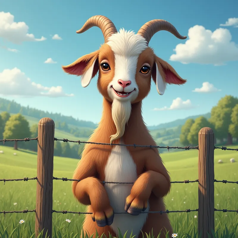 Smiling Goat Behind Fence - A cheerful brown and white goat with long floppy ears and a thick beard stands upright on its hind legs behind a wire fence, grinning. Behind the scene are wooden fence posts, a lush grassy field, and a line of green trees under a bright blue sky scattered with a few white clouds. - AI image generated with Text - picture of the day, photorealistic, surrealismus