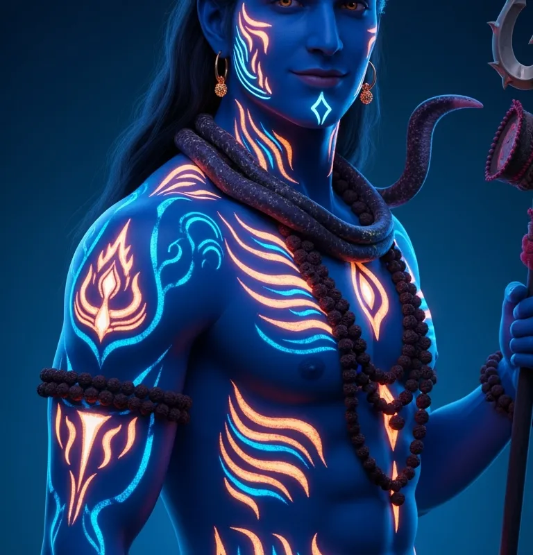 Smirking Ascetic: Hyperreal Shiva in Neon - Render a hyperrealistic, intricately detailed depiction of a good-looking young Shiva, blue-skinned, covered in elaborate body art combining fantasy, Buddhist and Hindu aesthetics. The conventional half-turn side view captures his physique with professional photo clarity. Neon and lumen glows accentuate his form, medium plan emphasizing body focus and a confident, smirking expression. The image is high resolution with every detail in sharp, lifelike focus. - AI image generated with Imagen 4 Ultra