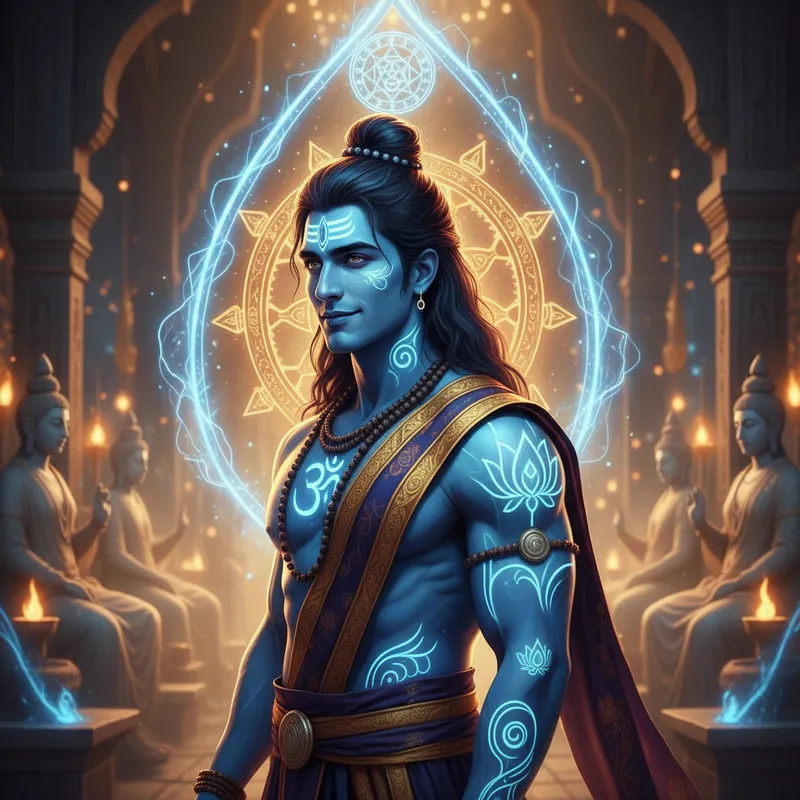 Smirking Shiva Fantasy Aura - A professional, hyperrealistic image in high resolution featuring a handsome young Shiva with radiant blue skin and glowing neon body art. He is depicted in a half-turn side view, medium shot, smiling with a charming smirk. The image blends Buddhism and Hinduism influences, with luminous aesthetics and careful attention to body detail. - AI image generated with Nano Banana