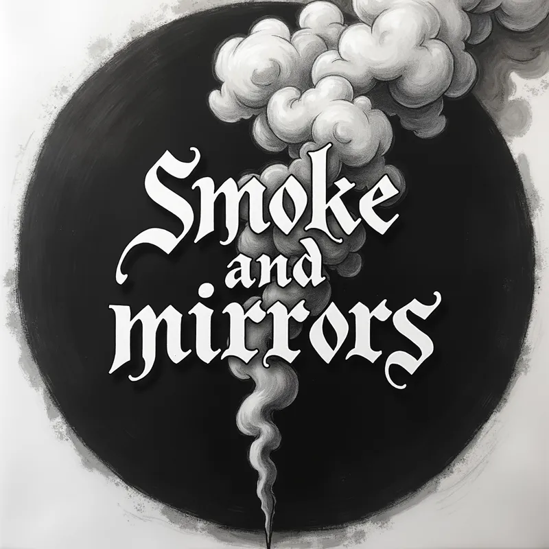 Smoke & Mirrors Tattoo Sketch - A strong and defined plume of smoke that clearly reads 'smoke and mirrors', set against a stark, contrasting background, emphasizing the clarity and sharpness of the writing formed by the smoke. - AI image generated with Photorealistic 2 - tattoo drawing, sketching
