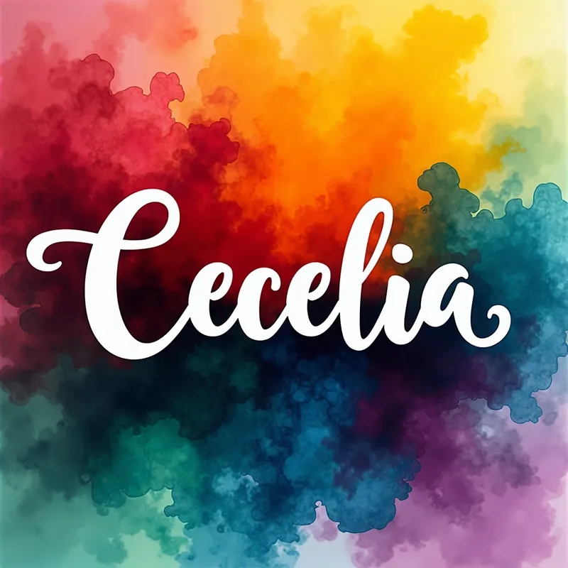 Smooth Gradient Cecelia - The name exact text (((Cecelia))) in a ((vibrant brilliant white calligraphic simple bold cursive horizontal font with several attached curved trails)), on a ((background filling the entire space ))of a vibrant high contrast multicolor alcohol ink on glass colors swirly together, with a smoky appearance, each color appearing at several different places in the image, including yellow orange, red navy blue green teal cranberry and purple, the colors all intermingling with each other with the same color in different areas of the image. The style emphasizes smooth gradients, rich colors, giving it a realistic yet polished and dramatic look. - AI image generated with Photorealistic 2