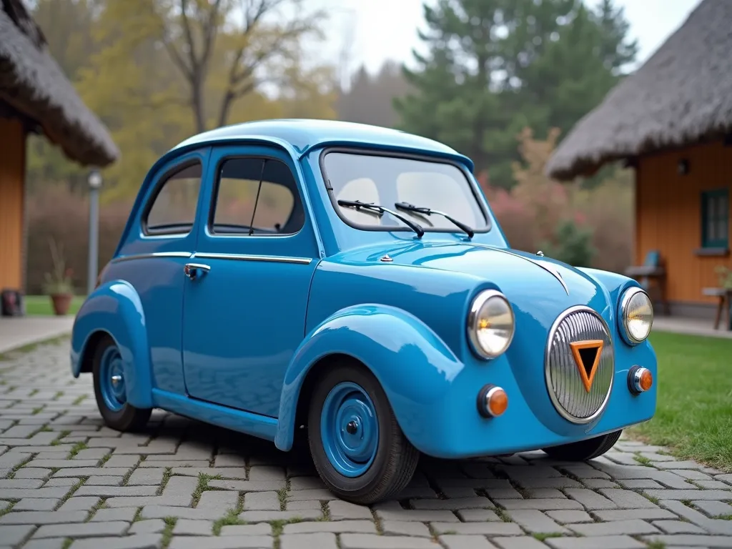 Smurf-Inspired Triangular Car 2035 - Obiquitous  round triangle Square smurf inspired car 2035 3 Shades of blue metallic, smurf village background  - AI image generated with Photorealistic 2