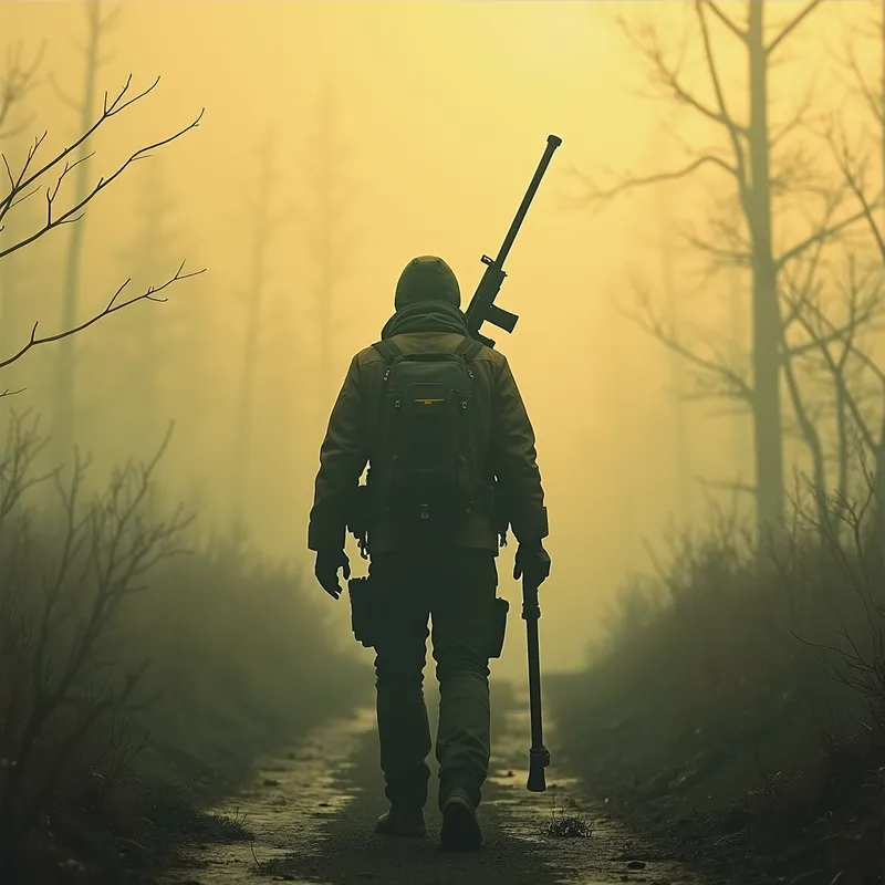 Sniper's Solitude - The lone wanderer, with a sniper rifle strapped on their back, walking through the irradiated fog of a post-apocalyptic landscape, highlighting the haunting solitude of the fallout universe. - AI image generated with Photorealistic 2