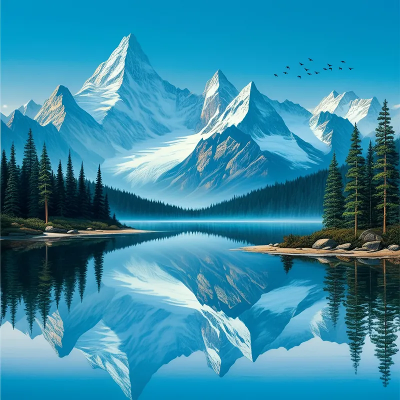 Snow-Capped Peaks and Serene Lake - A majestic mountain scene with snow-capped peaks, a clear blue sky, and a serene lake reflecting the mountains. Pine trees surround the lake, and a few birds are flying in the sky. The scene is peaceful and breathtaking. - AI image generated with Imagen 3