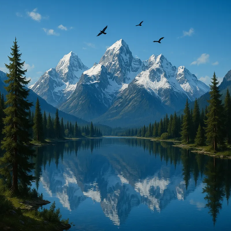 Snow-Capped Peaks and Serene Lake - A majestic mountain scene with snow-capped peaks, a clear blue sky, and a serene lake reflecting the mountains. Pine trees surround the lake, and a few birds are flying in the sky. The scene is peaceful and breathtaking. - AI image generated with GPT Image