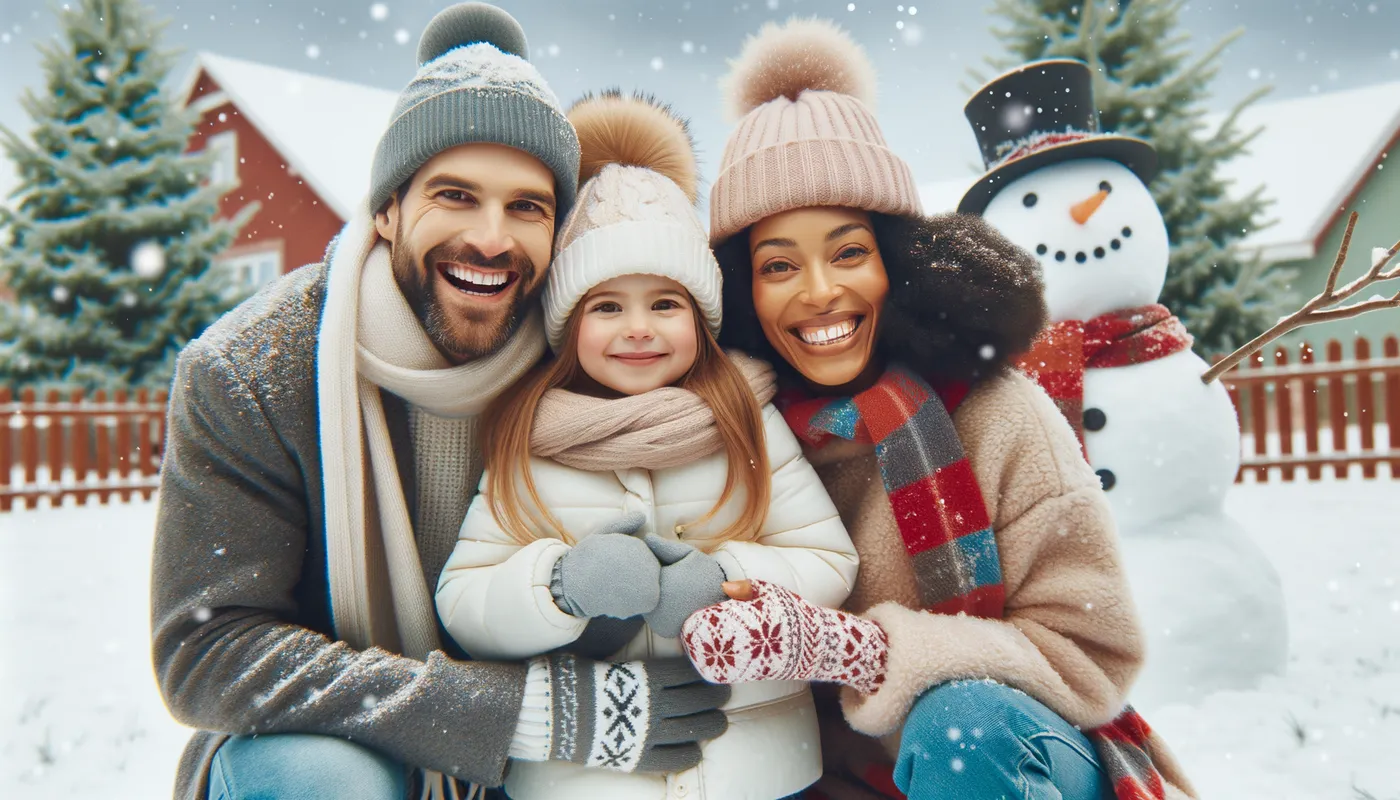 Snow Trip Adventure - A happy husband, mother-in-law, and a little girl enjoying a snowy landscape with a snowman in the background and they all are wearing winter clothes. - AI image generated with Art