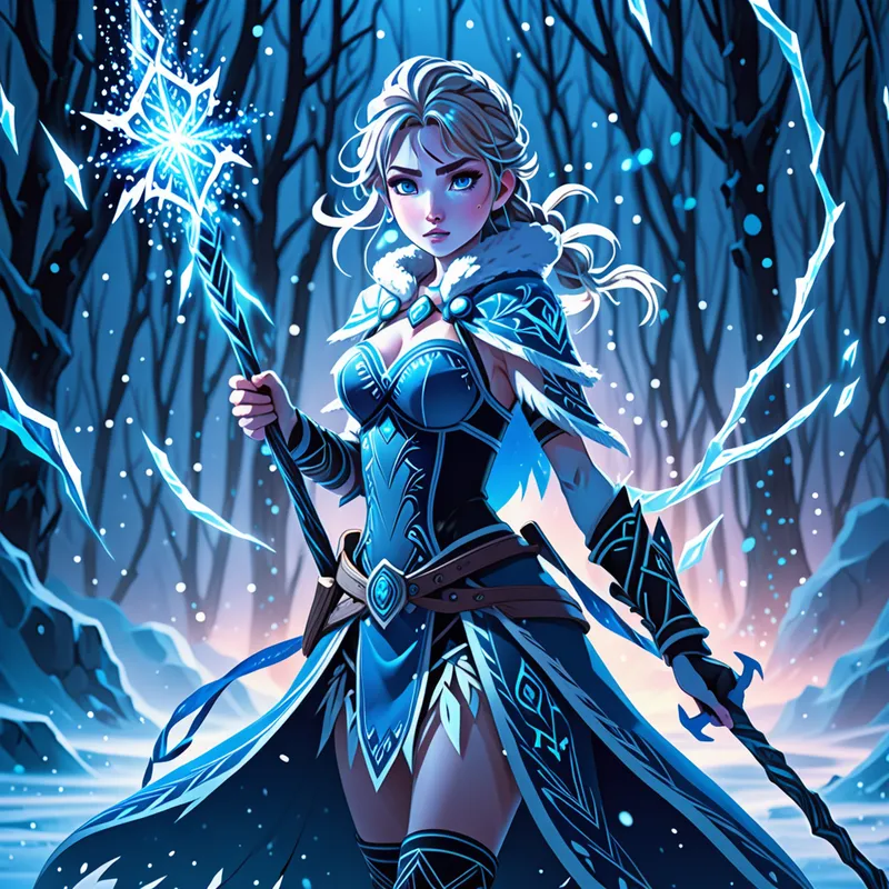 Snowspell Guardian - An anime-style girl warrior in a magical frozen realm, holding a glowing blue staff, surrounded by icy winds and luminous spell effects, dramatic anime art, crisp details, dynamic pose, mystical frozen environment - AI image generated with Fictional