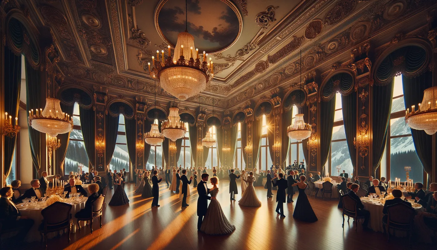 Snowy Ballroom Vista - A classic ballroom overlooking snowy mountains - AI image generated with Art