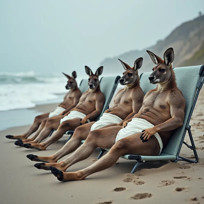Snowy Beach Kangaroo Vibes - A scene depicting several muscular kangaroos wearing thick diapers, resting on beach chairs on a wintery beach, with waves crashing in a chilly climate. - AI image generated with Photorealistic 2