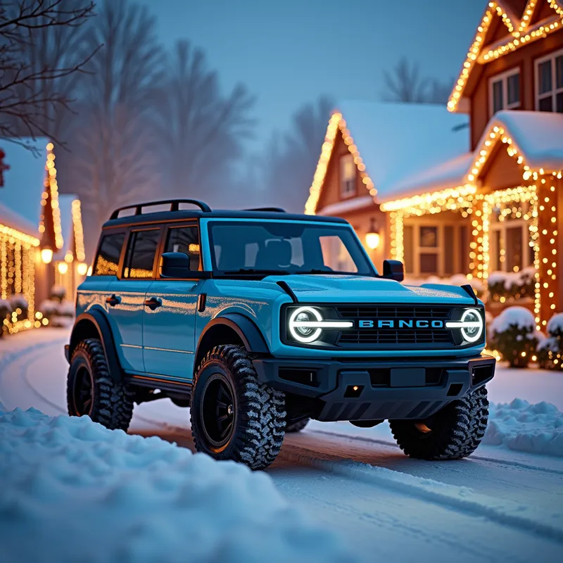 Snowy Bronco Scene - A stunning 2023 four-door Bronco in azure blue with retro hockey stripes, parked on a snow-covered street illuminated by warm Christmas lights, surrounded by houses covered in holiday decorations. - AI image generated with Photorealistic 2