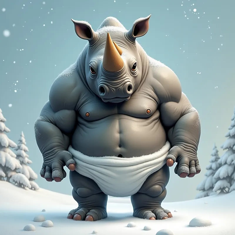Snowy Courage - A powerful, muscular rhino stands tall in a snowy landscape, wearing an oversized, thick diaper. The rhino's expression is filled with awe and excitement as it touches the snow with its large paw. - AI image generated with Photorealistic 2