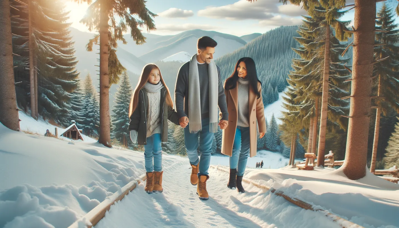 Snowy Mountain Hike - A family scene with a husband and mother-in-law leading a young girl on a snowy mountain trail, surrounded by pine trees and a beautiful winter sky. - AI image generated with Art