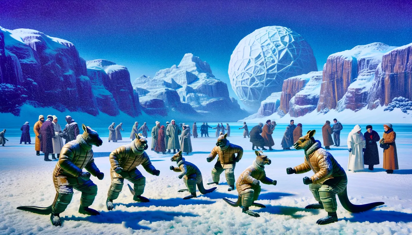 Snowy Playground Joy - A scene capturing muscular kangaroos, dressed in thick diapers, playing and interacting with snow, amazed by the cold sensation. - AI image generated with Art