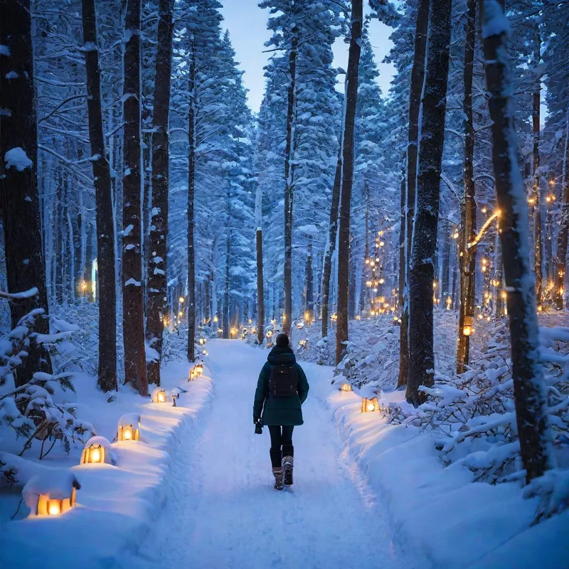 Snowy Town Twilight Trail - "A cozy snowy town with lights glowing in the evening"
"A person walking through a snowy forest trail" - AI image generated with Photorealistic