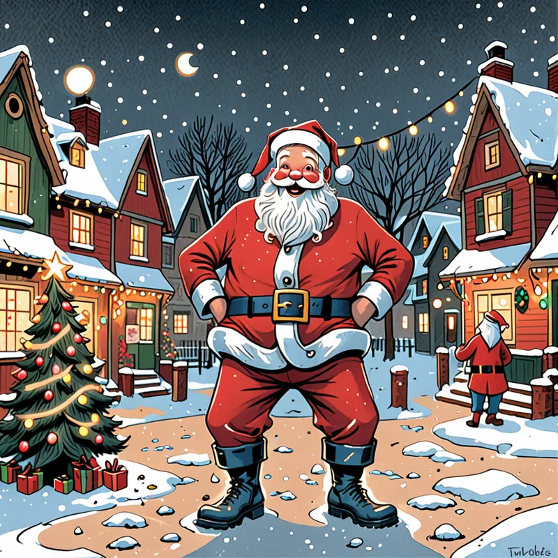 Snowy Village Mishap - A humorous Christmas art prompt featuring Santa in a snowy village square with torn pants exposing a simple cartoon-style backside with no anatomical detail. Surrounded by twinkling holiday lights, decorated trees, and smiling townsfolk, the illustration feels lighthearted, festive, and suitable for all ages. - AI image generated with Fictional